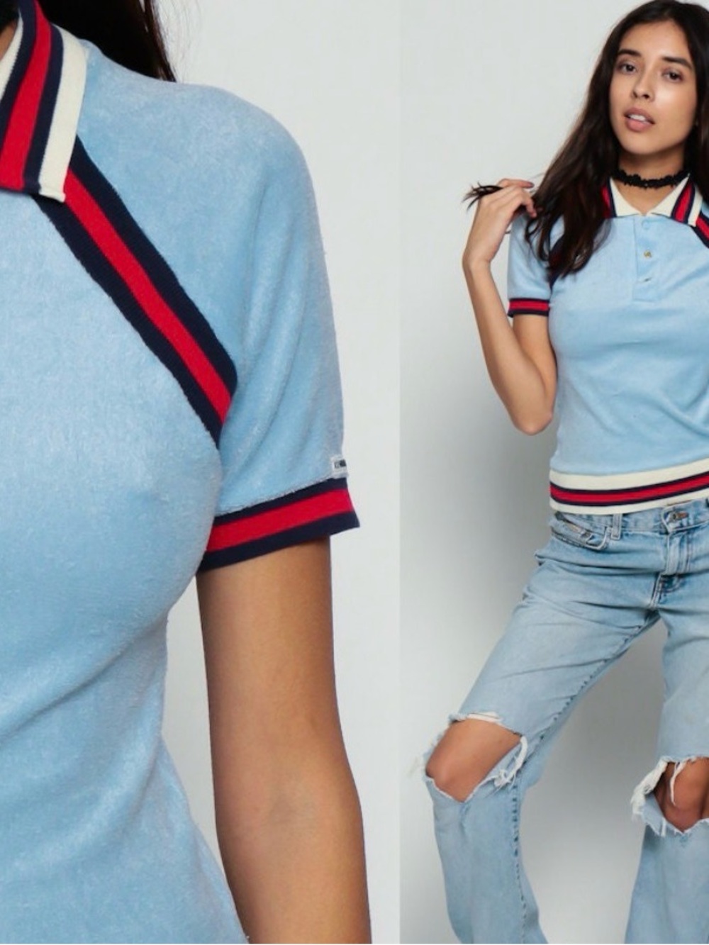 Penningtons Light Blue Polo Crop Top with Red and Navy Trim